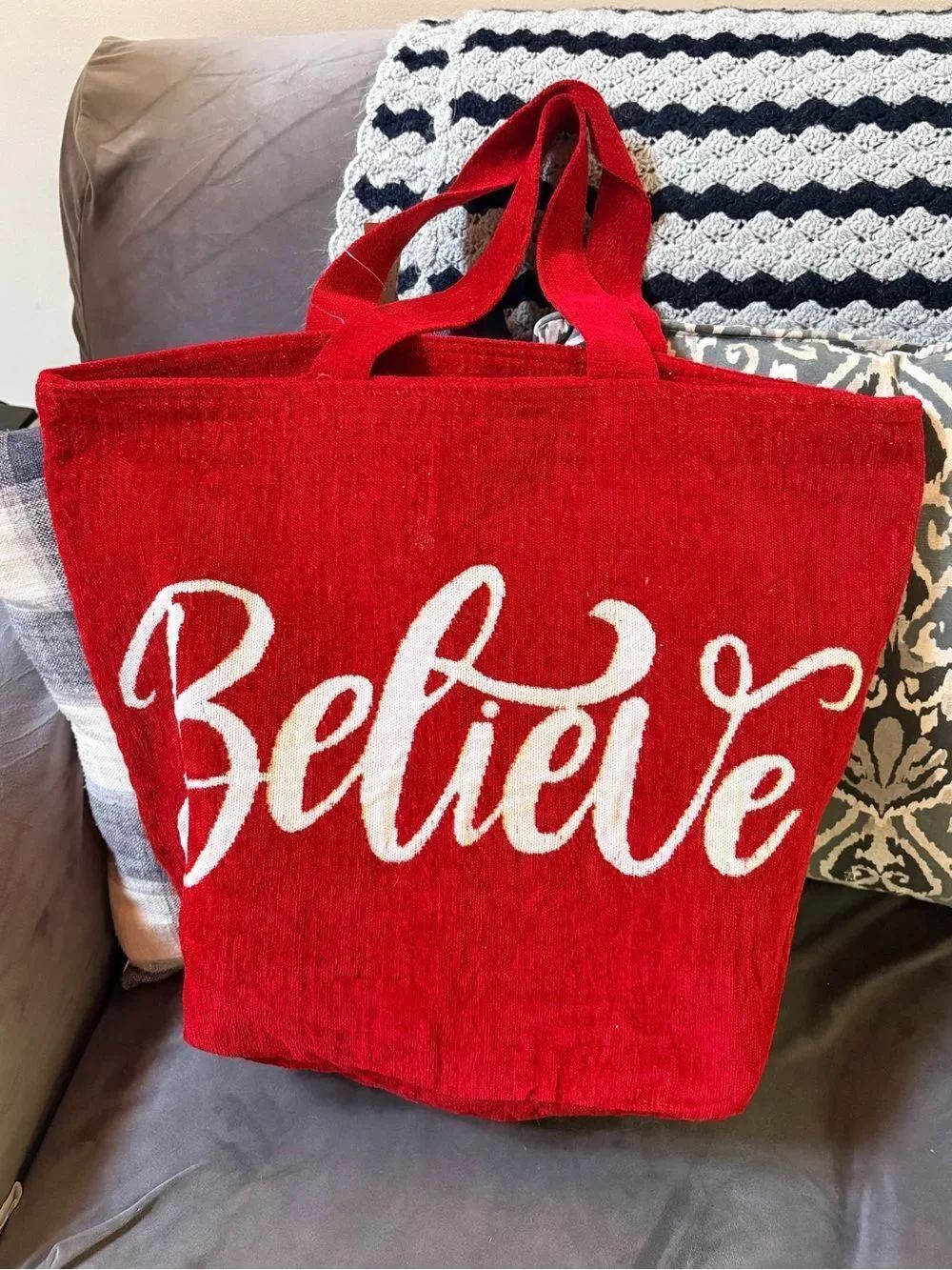Red Chenille 'Believe' Tote Bag - Casual Everyday Carry